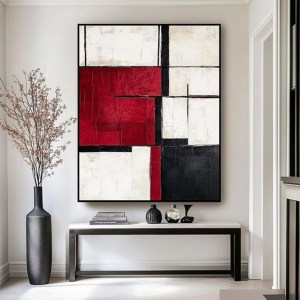 تابلوی مدرن انتزاعی با ترکیب رنگ قرمز، سفید و مشکی
