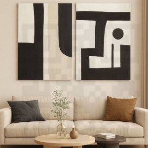 تابلوی دوقلو مدرن با طرح‌های هندسی و ترکیب رنگ‌های سیاه و سفید