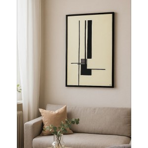 تابلوی اکرولیک arteka-83 با زمینه کرم و خطوط مشکی مینیمال، ایجاد کننده فضایی آرام و باز با ریتم و جریان بصری.